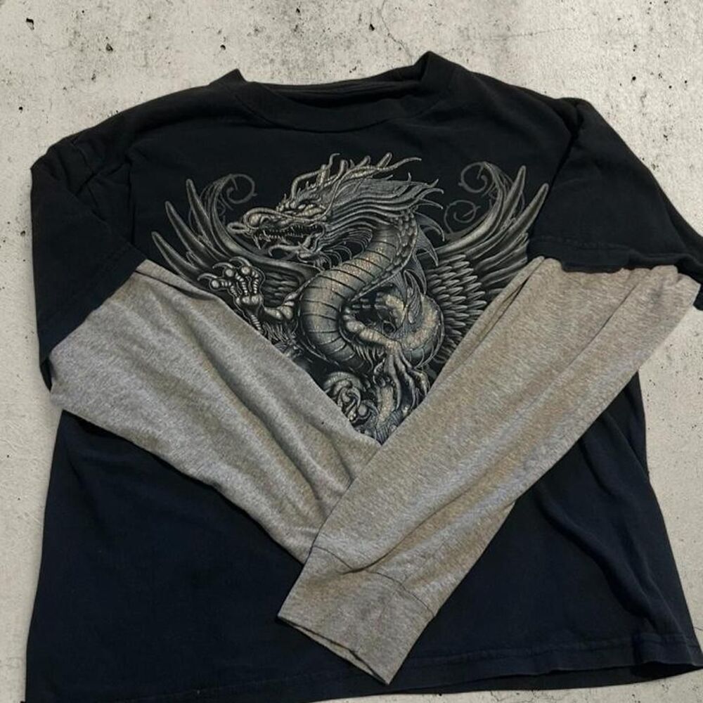 Y2K Dragon Graphic Layered Long Sleeve Shirt
